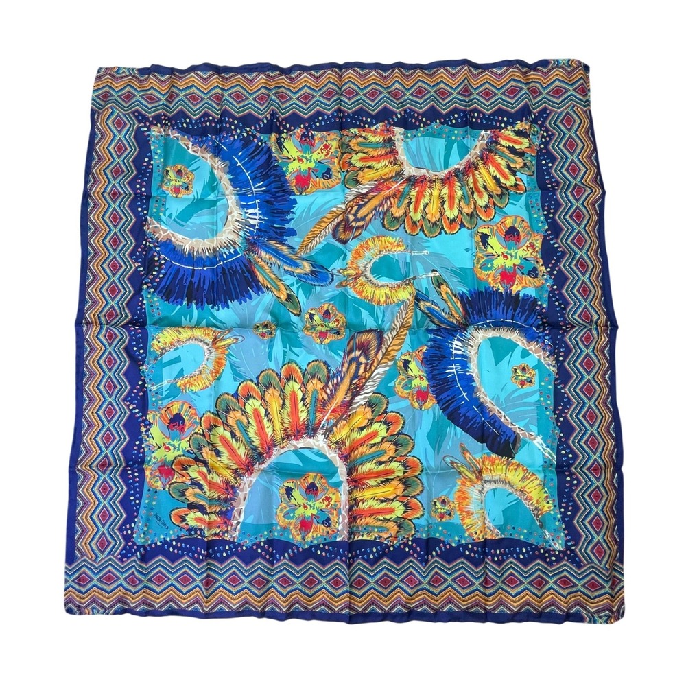 NWT Pineda Covalin 100%Silk Scarf Blue Feather Print 34''x34'' Plumage Art